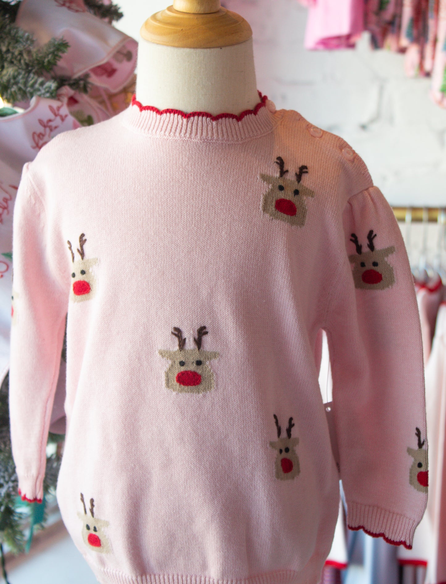 Rudolph Heads On Light Pink Sweater