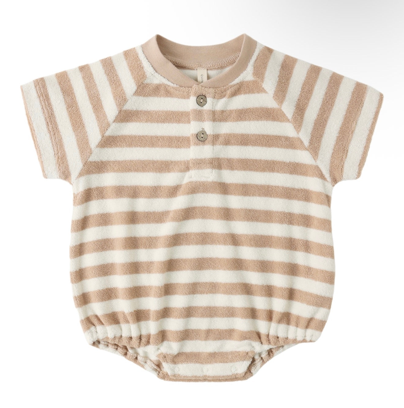Terry Henley Romper in Latte Stripe