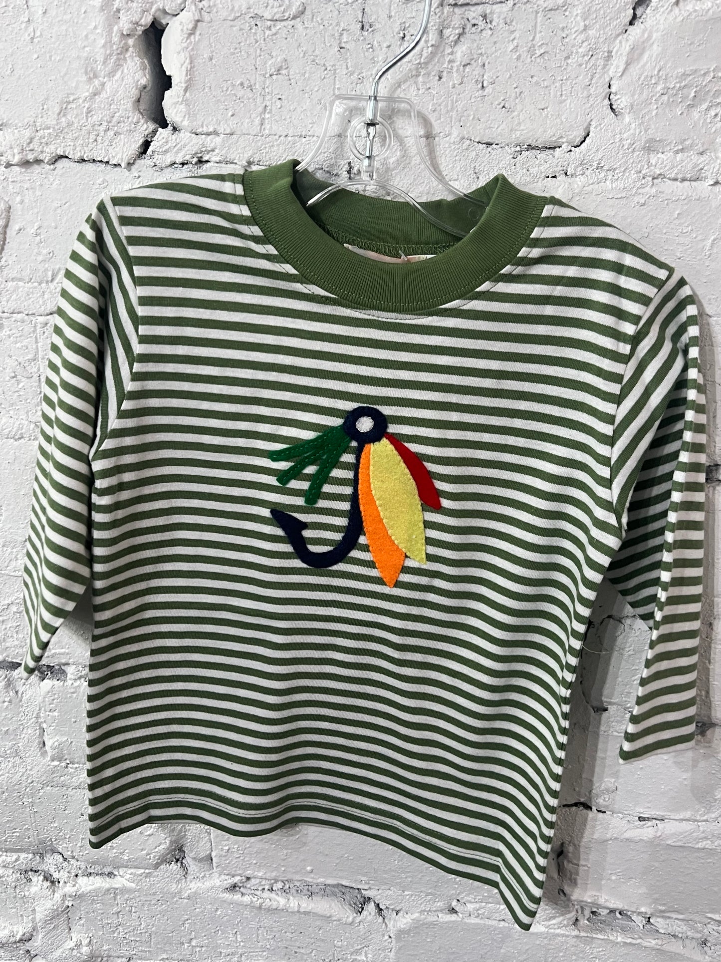 Fishing Lure On Green And White Stripe Long Sleeve