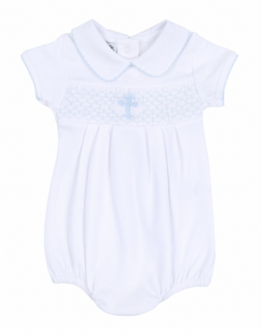 Magnolia Baby Blessed Blue Smocked Collared Short Sleeve Boy Bubble