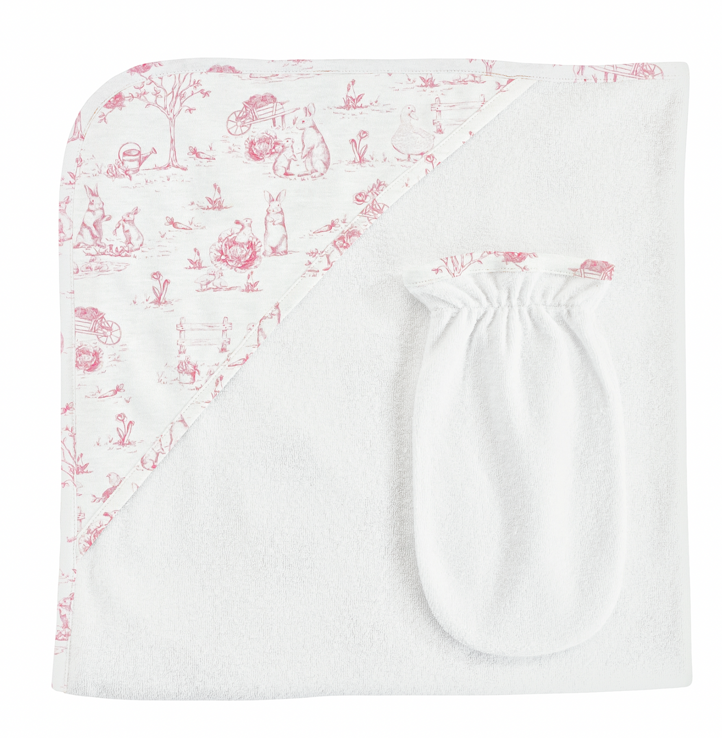 Pink Toile Bunnies Hooded Towel with Mitt Set