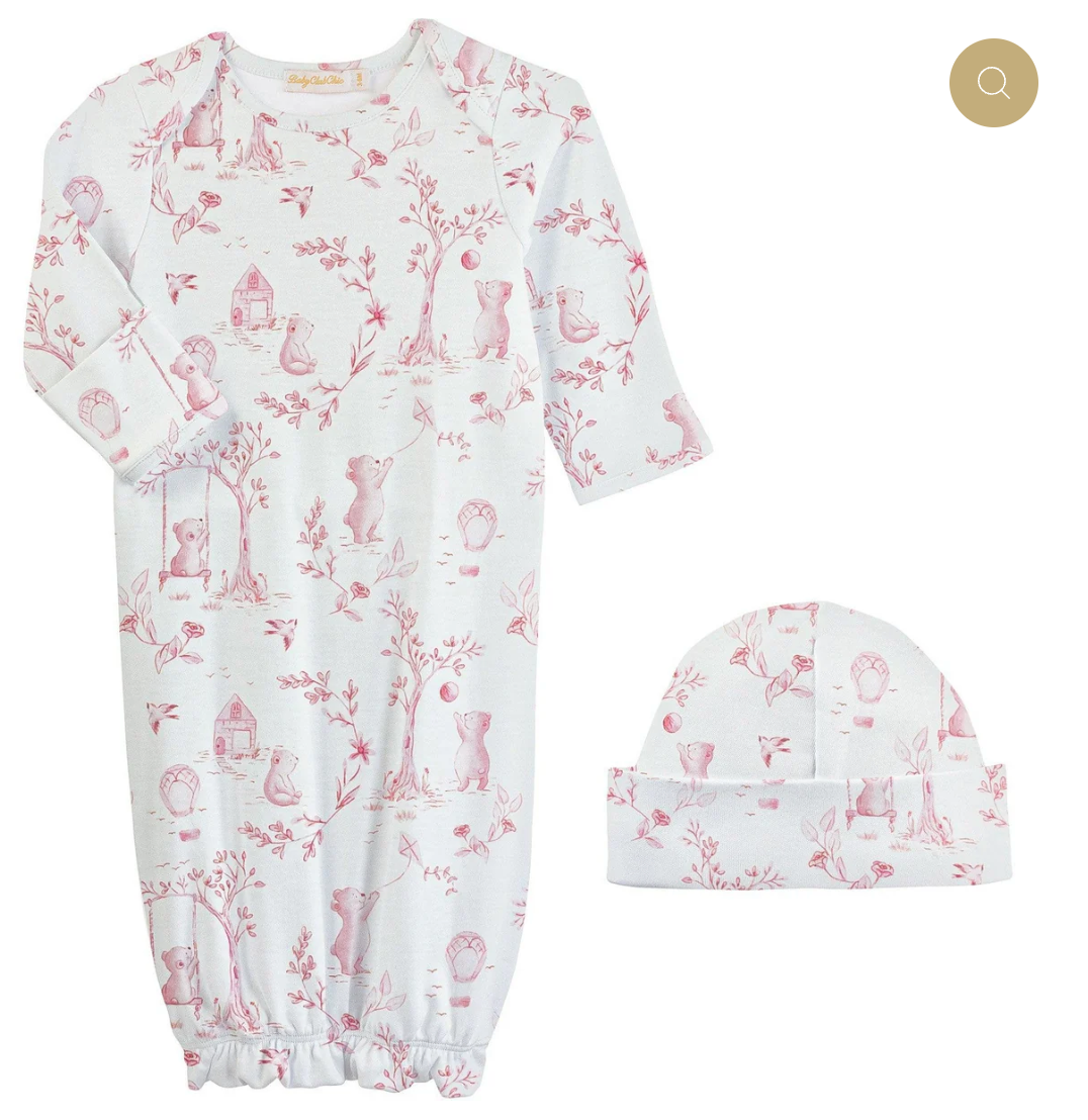 Toile Pink Printed Gown and Hat