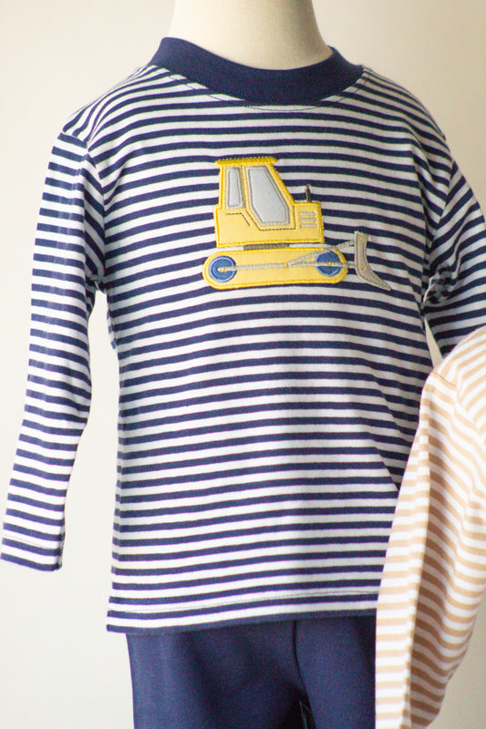 Bulldozer On Navy And White Stripe Long Sleeve