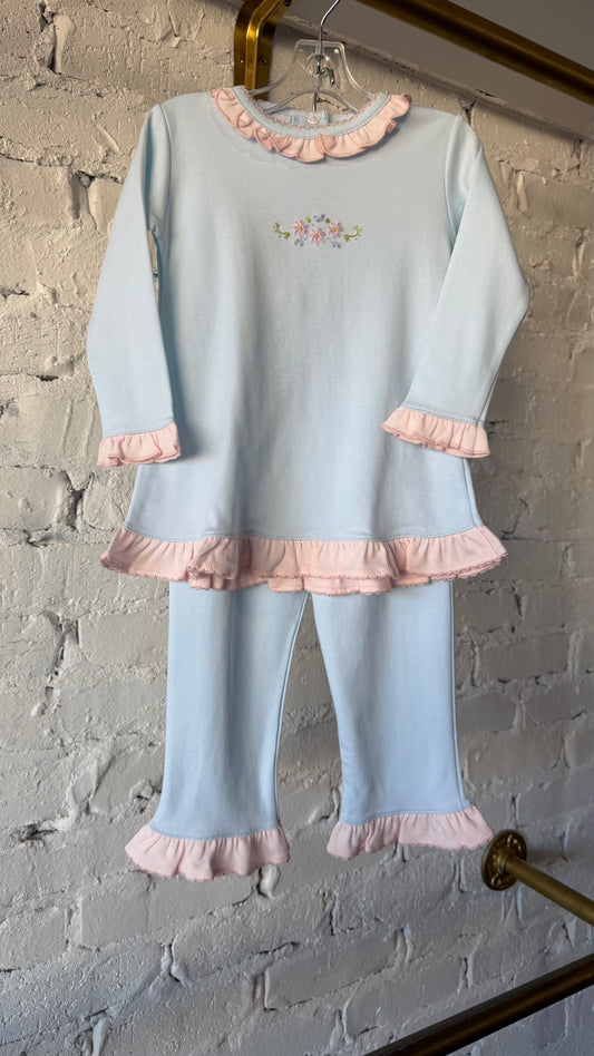 Blue Floral Ruffle Set with Pink Trim