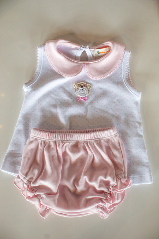 Crochet Teddy on Pink Bitty Dot Diaper Set