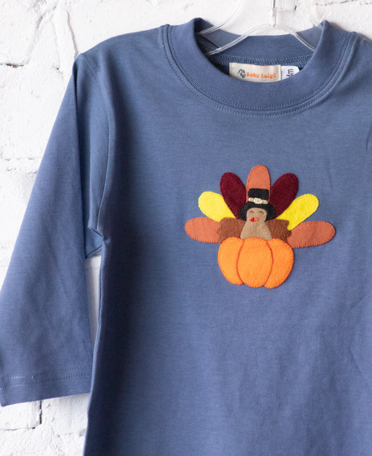 Turkey With Pumpkin On Blue Steel Long Sleeve