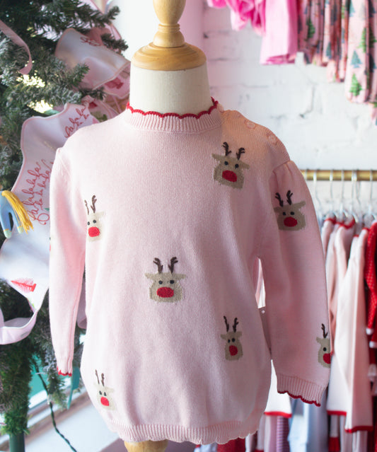 Rudolph Heads On Light Pink Sweater