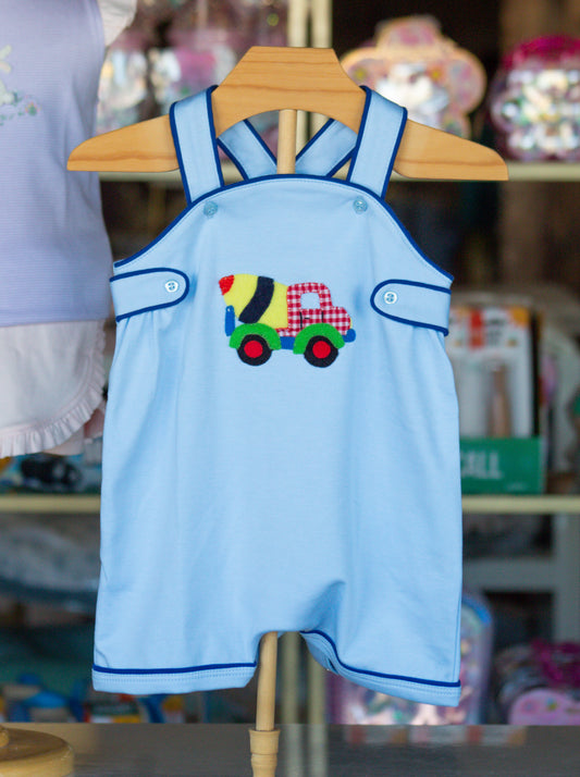 Blue Striped Romper with Concrete Truck
