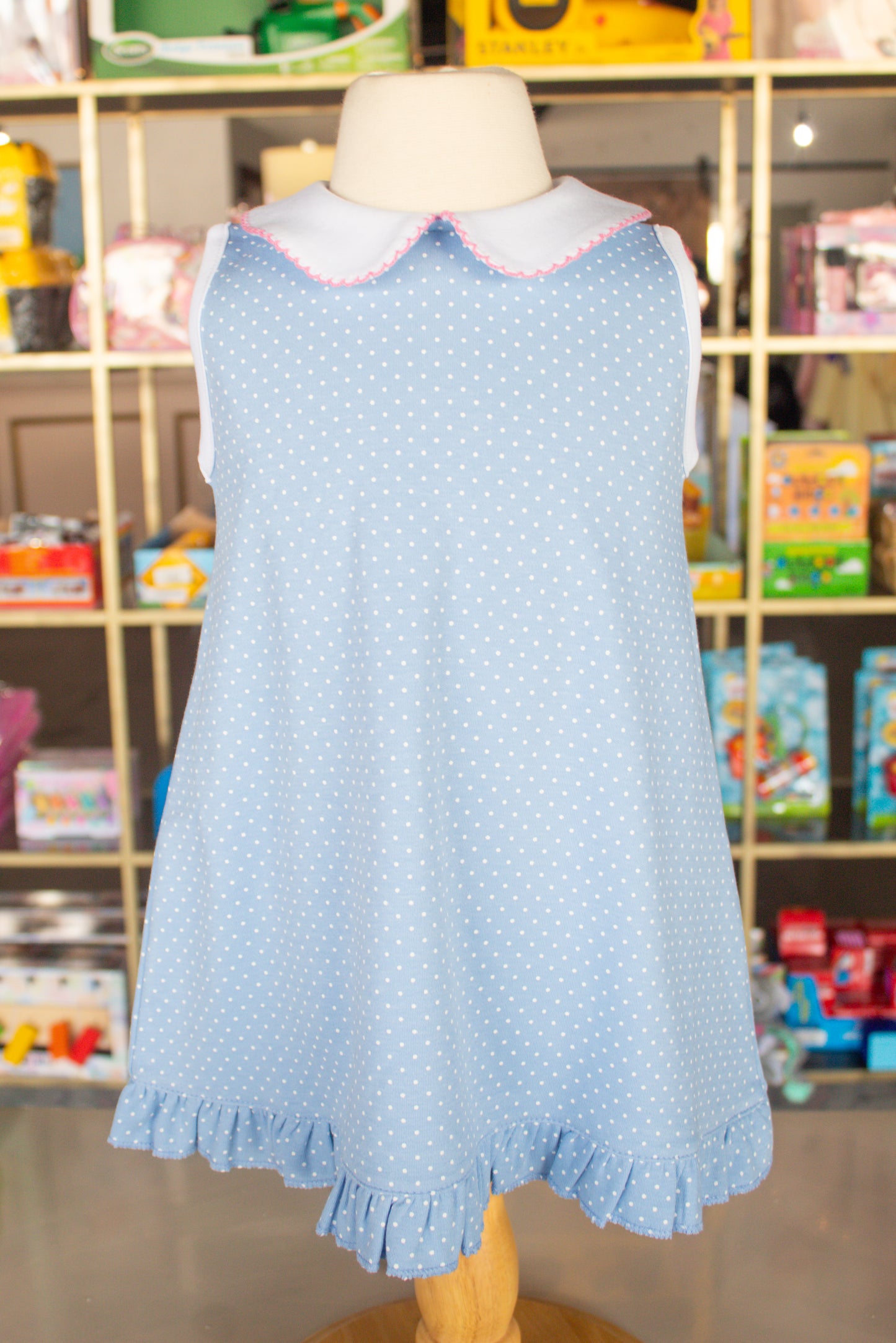 Light Blue Poka Dot Ruffle Collar Dress