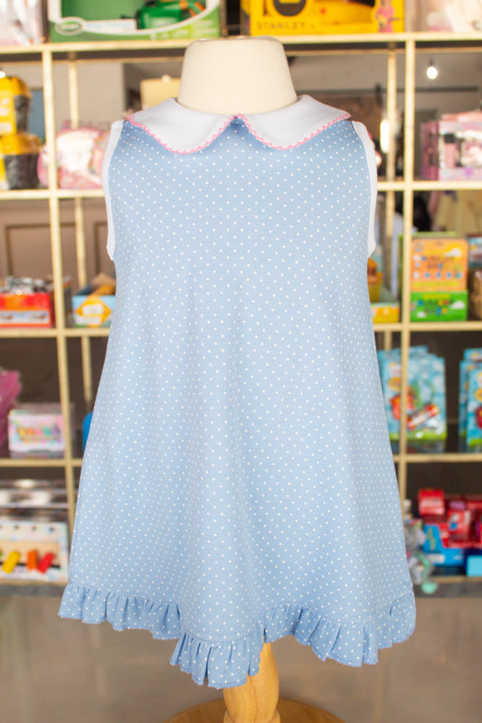 Light Blue Poka Dot Ruffle Collar Dress
