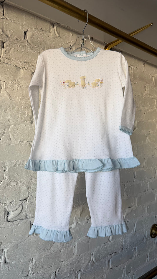 Squiggles Lamb Set on White with Blue Ruffle
