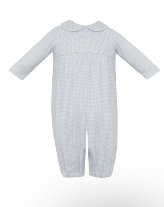 Light Blue Gingham Knit Boys Romper