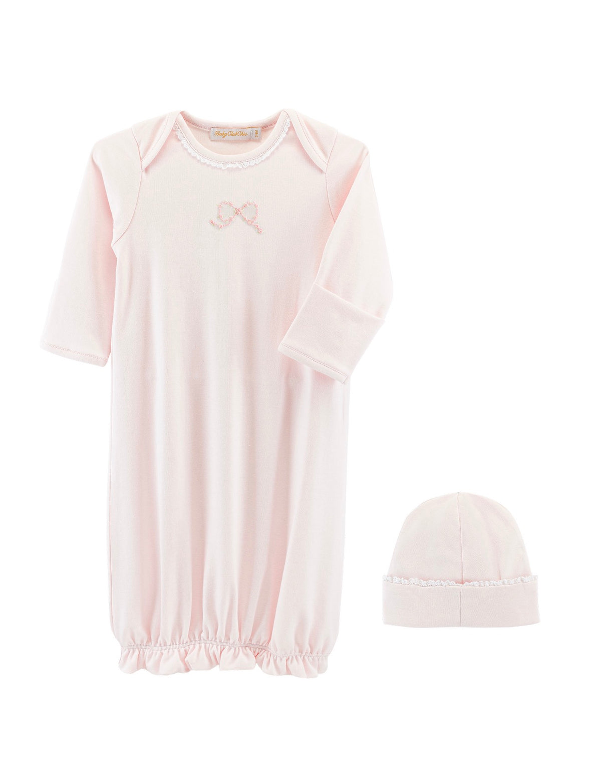 Pretty Bows Embroidered Pima Gown with Lace Trim and Hat Set