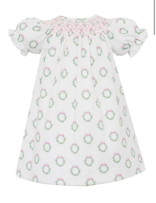 Holiday Pink Wreath Bishop Dress