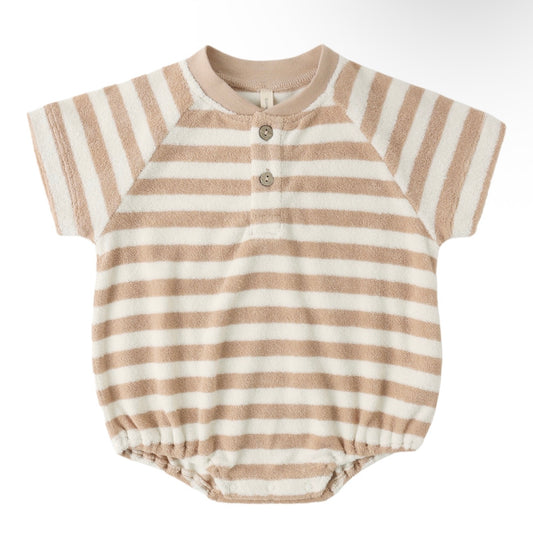 Terry Henley Romper in Latte Stripe