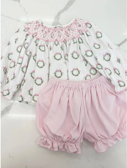 Holiday Pink Wreath Bishop Bloomer Set