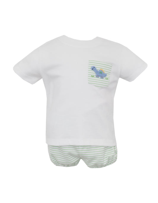 Dino’s- Green Knit Stripe Boys White T-Shirt Set