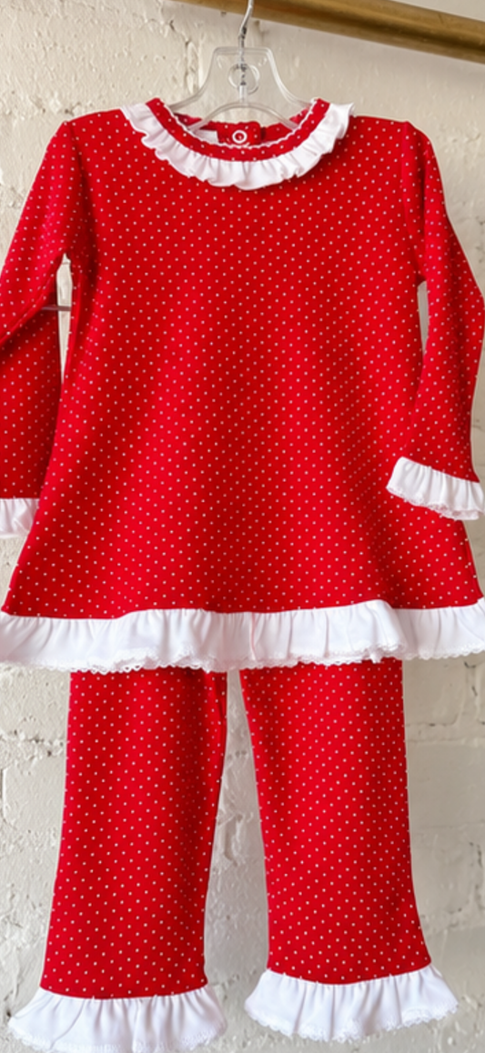 Red and White Bitty Dot Ruffle Set