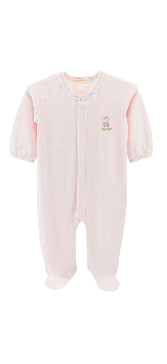 Sugarplum Steps Embroidered Pima Footie with Lace Trim