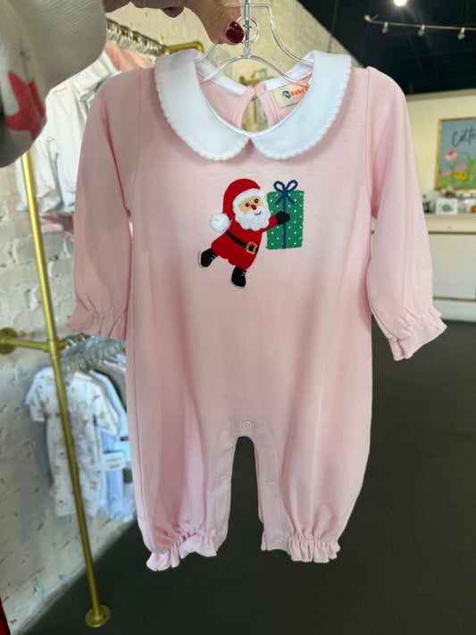 Pink Ruffle Romper Santa Holding Gift