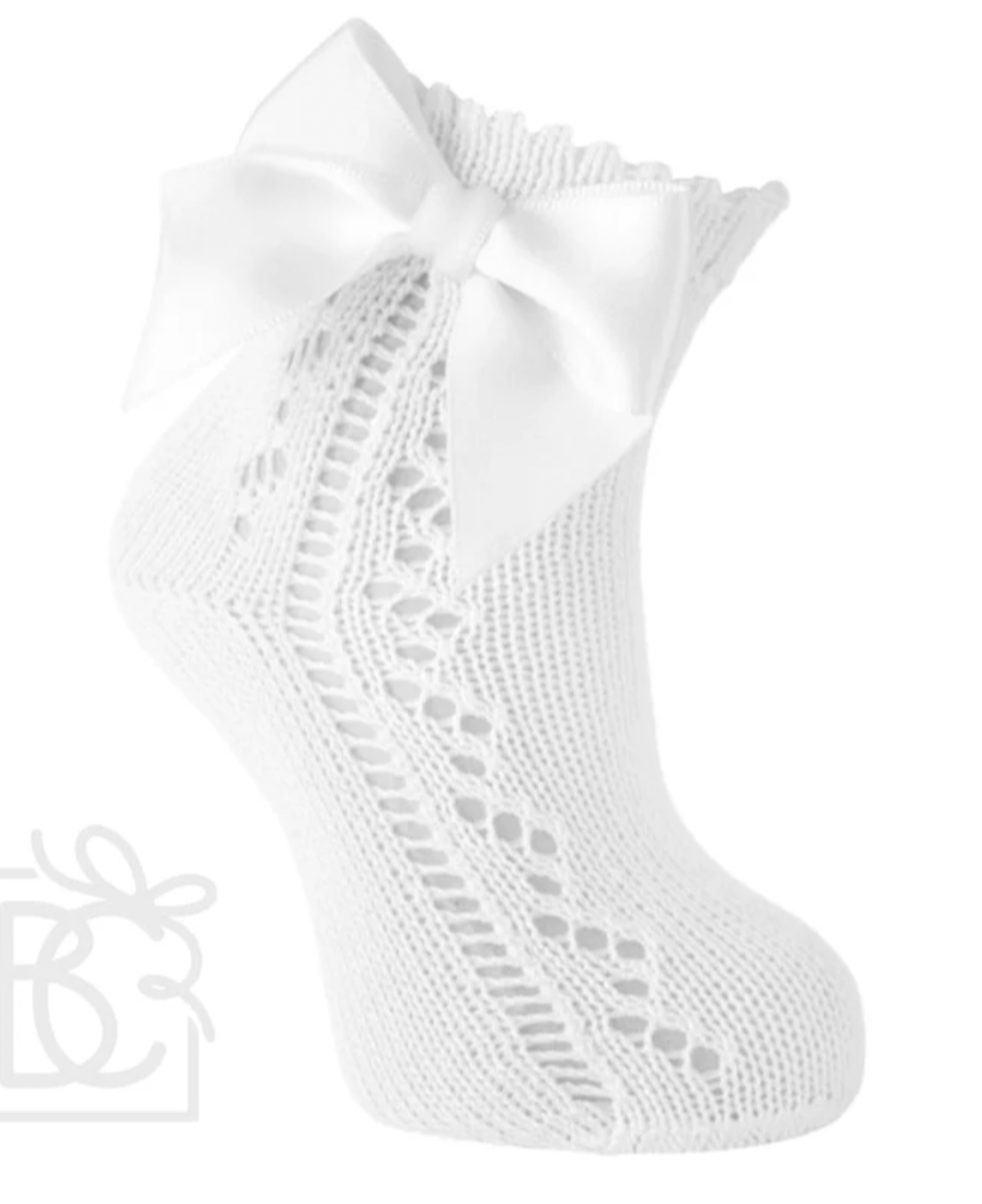 White Scottish Yarn Openwork HighKnee Socks with Bow