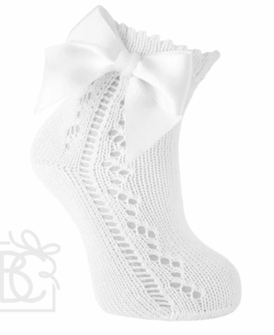 White Scottish Yarn Openwork HighKnee Socks with Bow