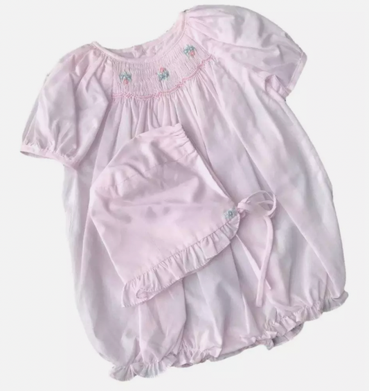 Petit Ami Pink Smocked Bubble with Bonnet