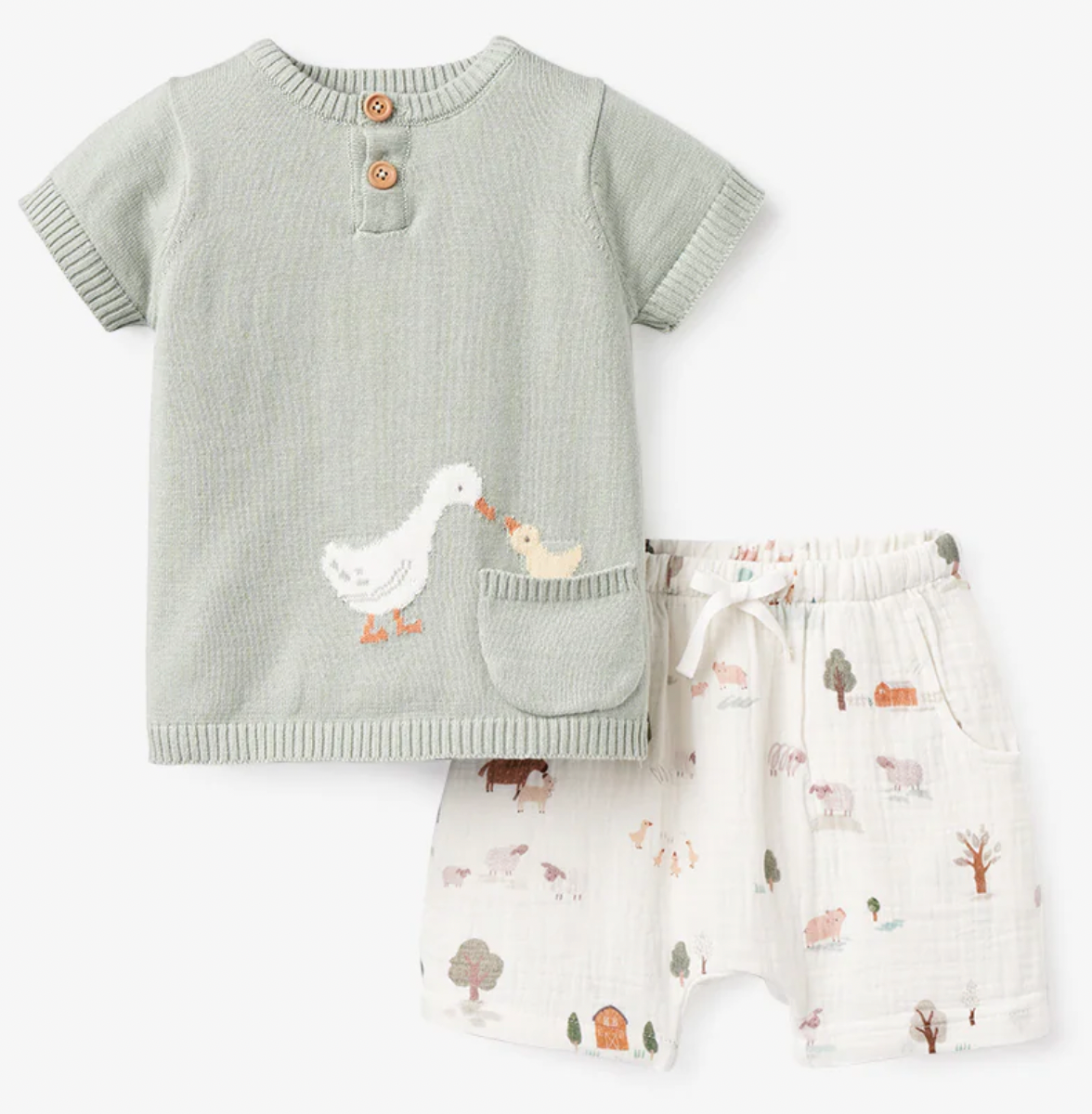 On The Farm Knit Henley Top & Printed Muslin Shorts