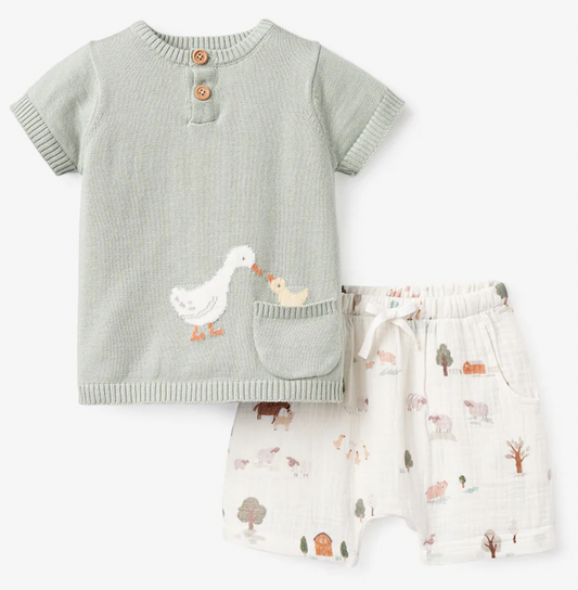 On The Farm Knit Henley Top & Printed Muslin Shorts