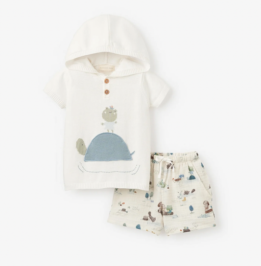 Pond Friends Knit Hooded Pullover W/ Turtle Pocket & Organic Muslin Shorts