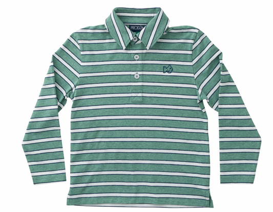 Long Sleeve Polo In Dark Denim and Green Spruce Stripe
