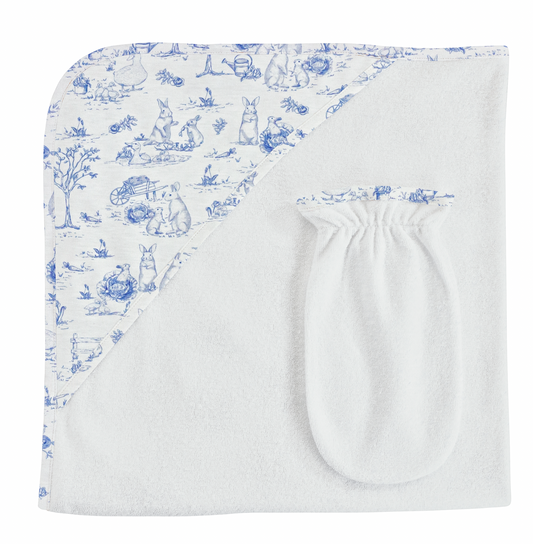 Blue Toile Bunnies Hooded Towel with Mitt Set