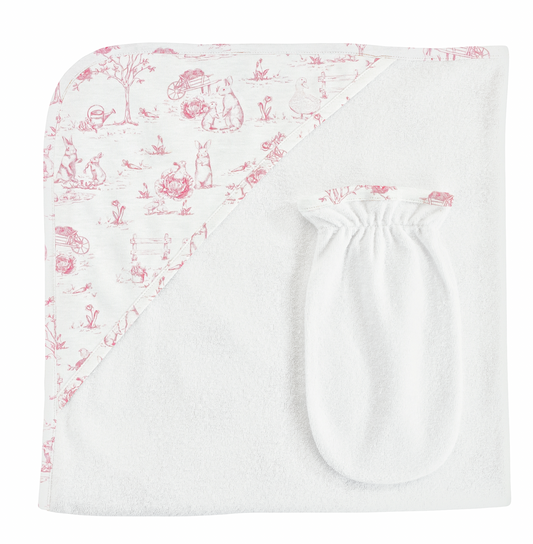 Pink Toile Bunnies Hooded Towel with Mitt Set
