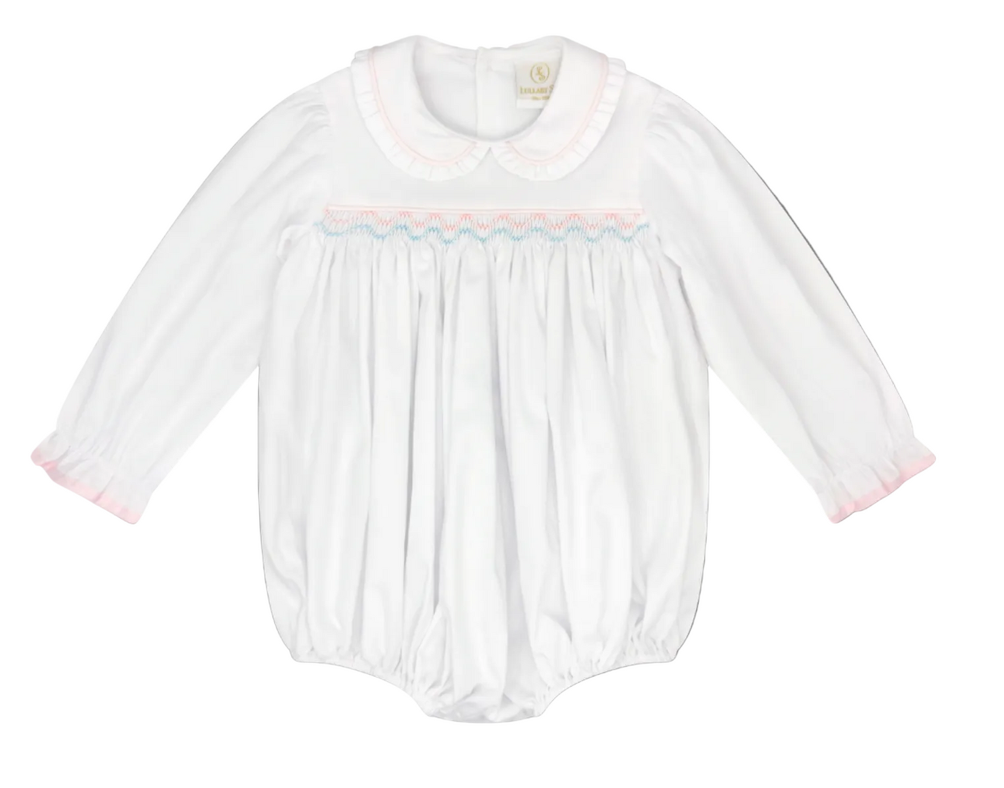 Willow White Pique Pink & Blue Smocking Bubble