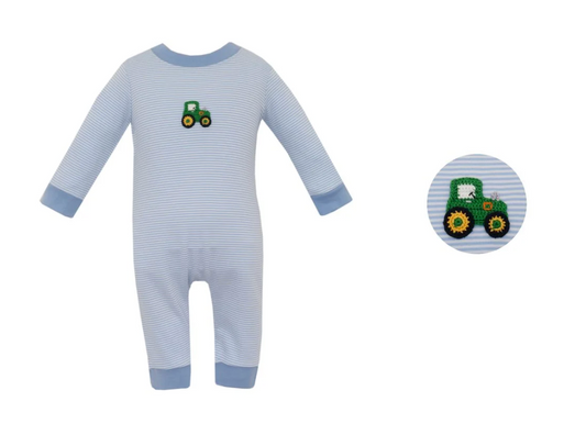 Tractor Blue Knit Stripe Boys Long Romper