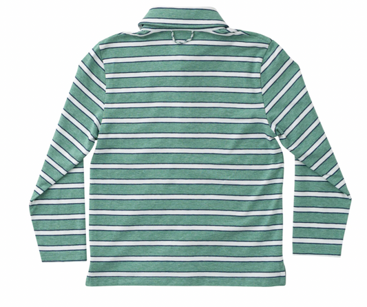 Long Sleeve Polo In Dark Denim and Green Spruce Stripe