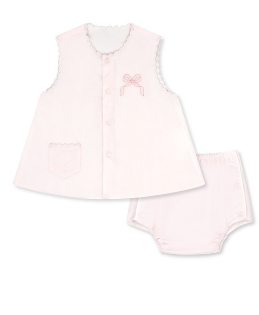 BLESSINGS PINK BATISTE WITH WHITE SCALLOP TRIM AND PINK BOW EMBROIDERY