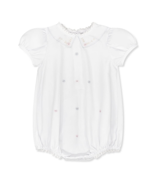 BLESSINGS WHITE WOVEN WITH FLORAL EMBROIDERED KNOTS AND BLUE DETAILING WITH LACE TRIM