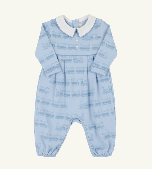 LS Bradford Romper in Blue Choo Choos